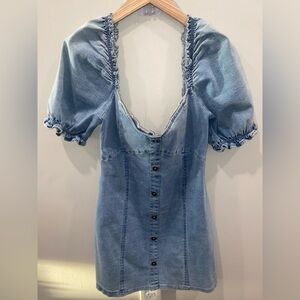 Altar'd State Blue Denim Puff Sleeve Square Neck Button Bodycon Dress Size Large